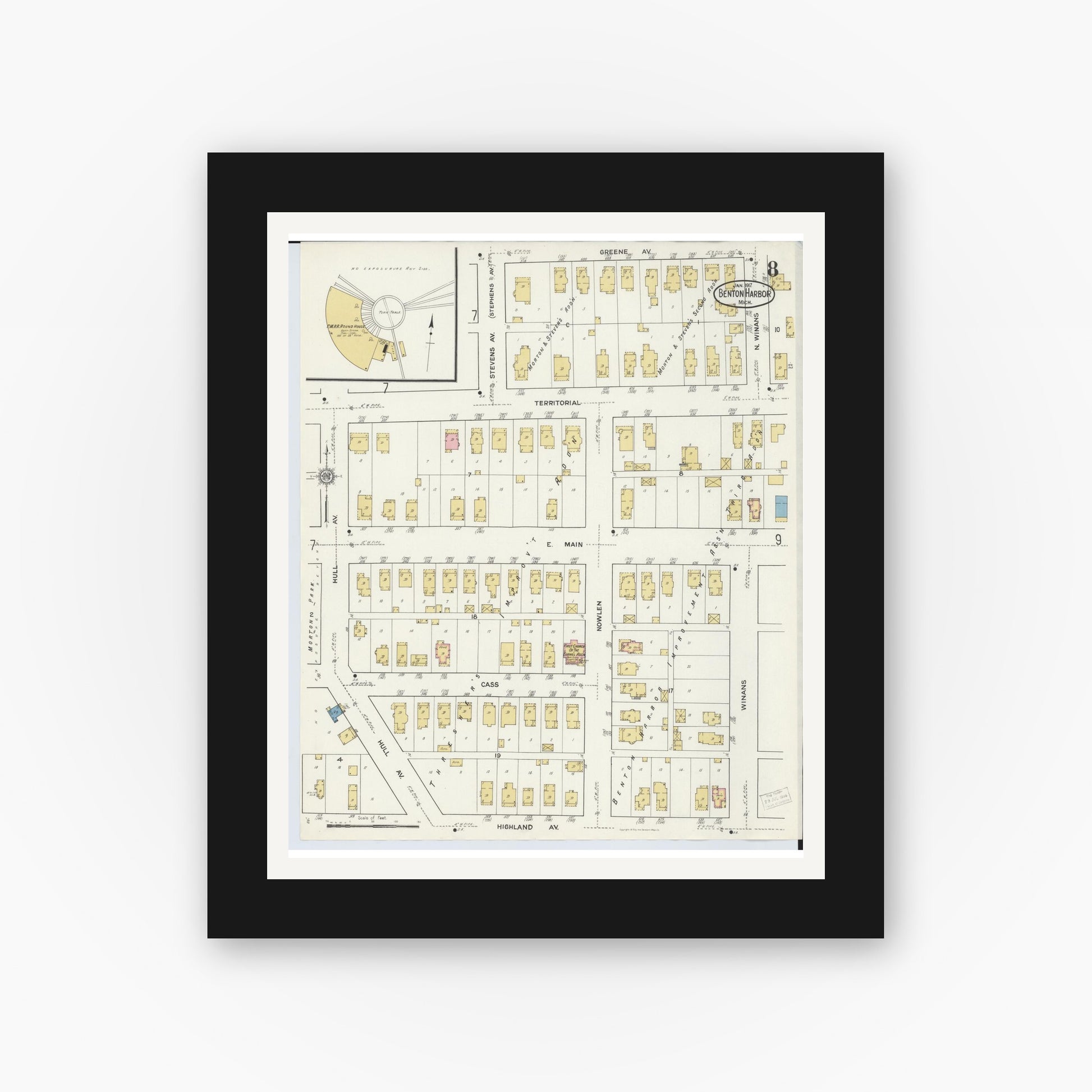 Old map wall art mockup — black gallery frame with white mat — Sanborn Fire Insurance Map from Benton Harbor, Berrien County, Michigan (1917), Sheet #0008