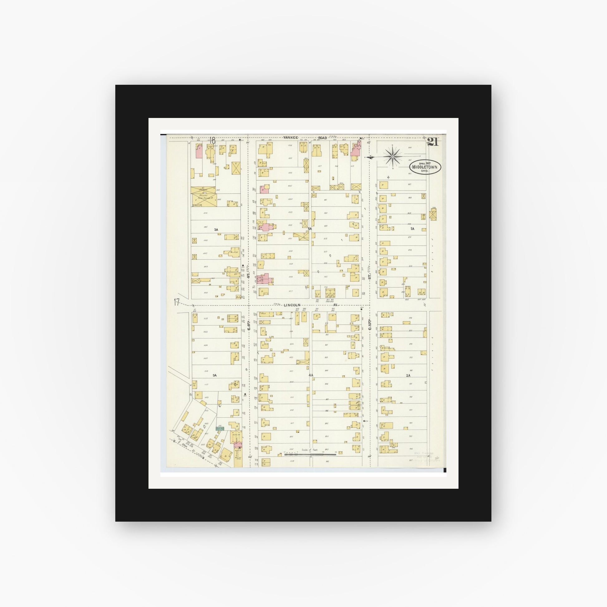 Old map wall art mockup — black gallery frame with white mat — Sanborn Fire Insurance Map from Middletown, Butler County, Ohio (1907), Sheet #0021