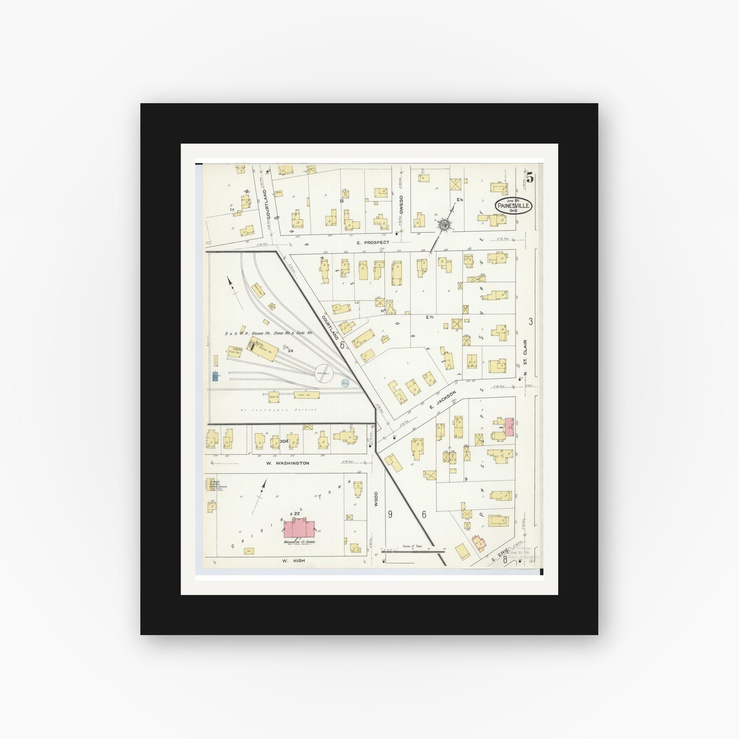 Old map wall art mockup — black gallery frame with white mat — Sanborn Fire Insurance Map from Painesville, Lake County, Ohio (1911), Sheet #0005