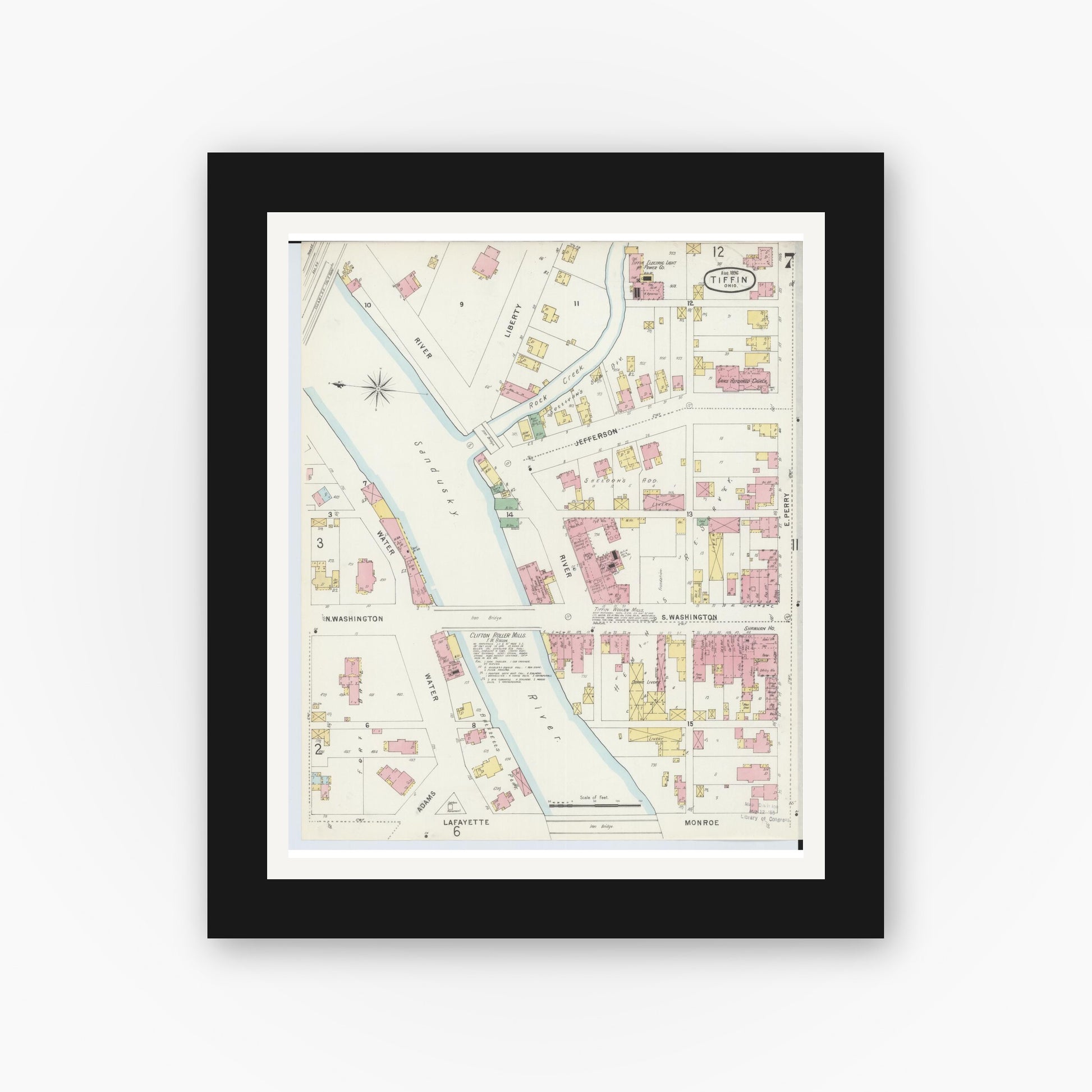 Old map wall art mockup — black gallery frame with white mat — Sanborn Fire Insurance Map from Tiffin, Seneca County, Ohio (1896), Sheet #0007