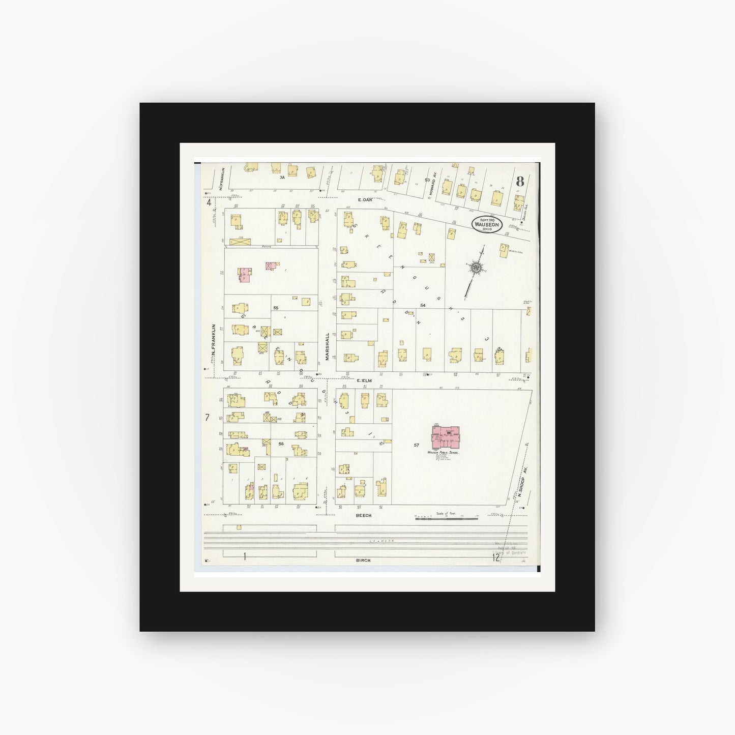 Old map wall art mockup — black gallery frame with white mat — Sanborn Fire Insurance Map from Wauseon, Fulton County, Ohio (1910), Sheet #0008