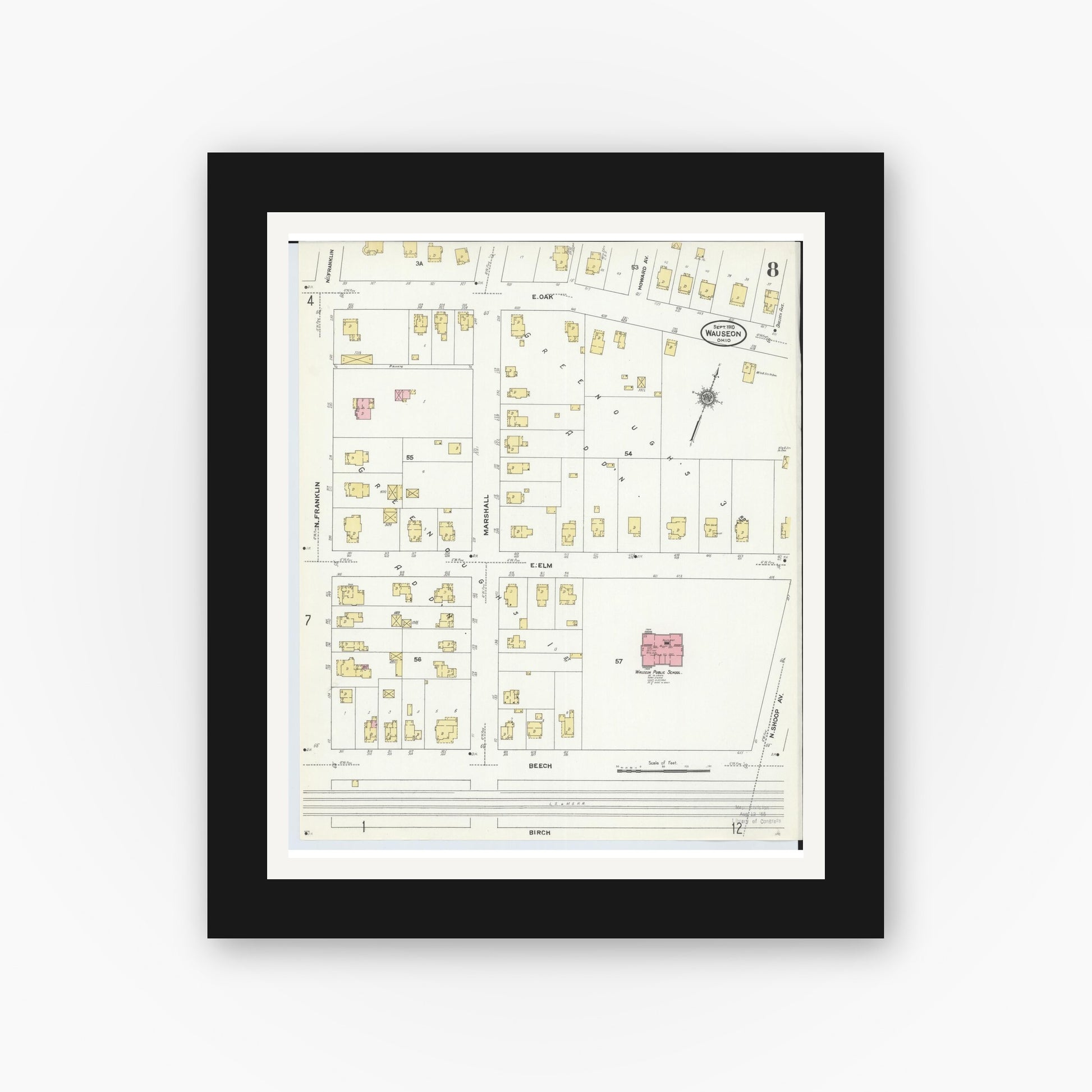 Old map wall art mockup — black gallery frame with white mat — Sanborn Fire Insurance Map from Wauseon, Fulton County, Ohio (1910), Sheet #0008