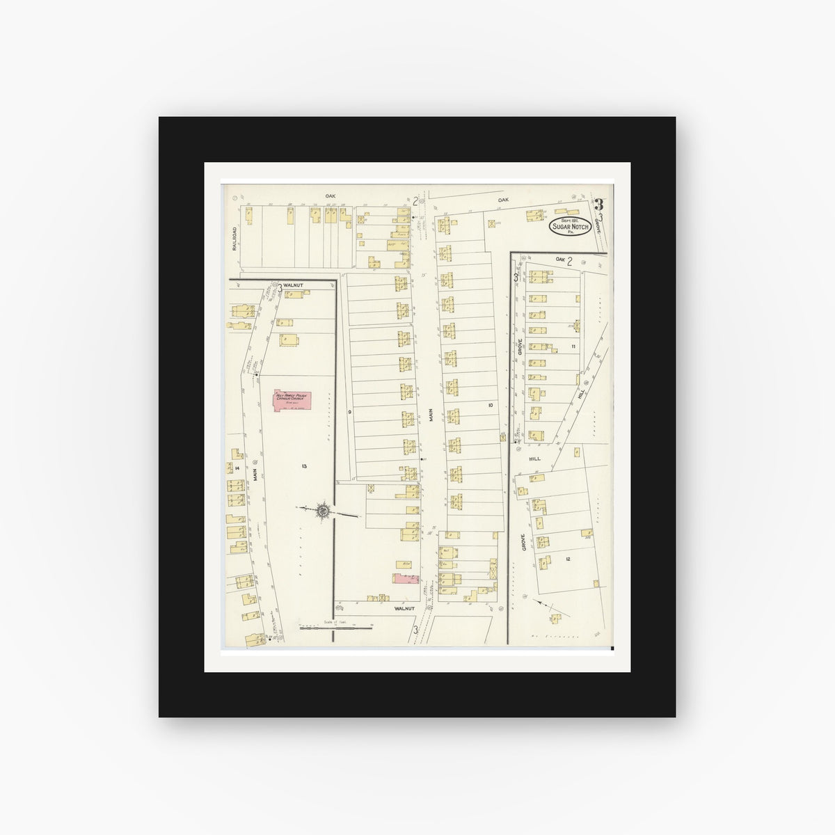 Old map wall art mockup — black gallery frame with white mat — Sanborn Fire Insurance Map from Sugar Notch, Luzerne County, Pennsylvania (1911), Sheet #0003