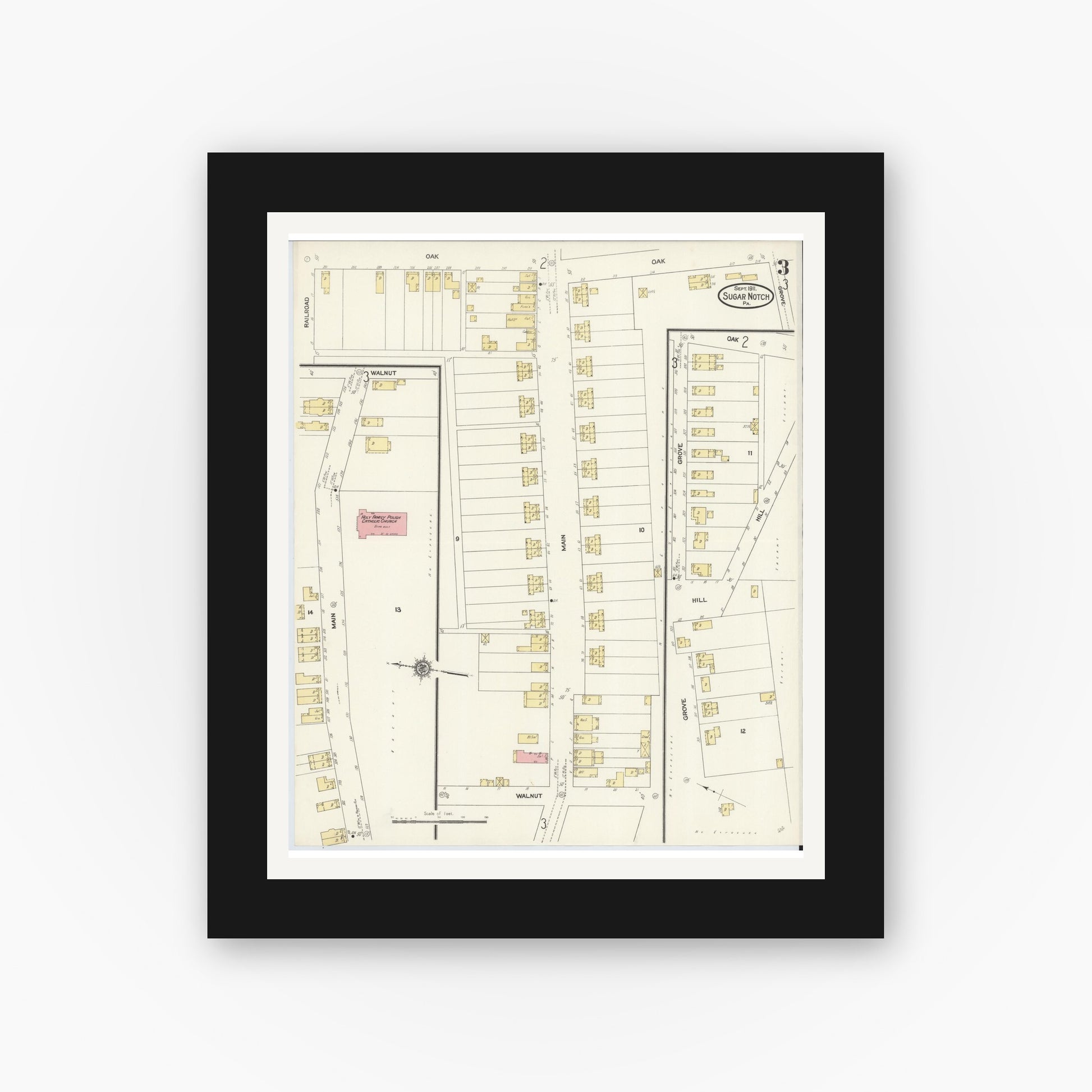 Old map wall art mockup — black gallery frame with white mat — Sanborn Fire Insurance Map from Sugar Notch, Luzerne County, Pennsylvania (1911), Sheet #0003