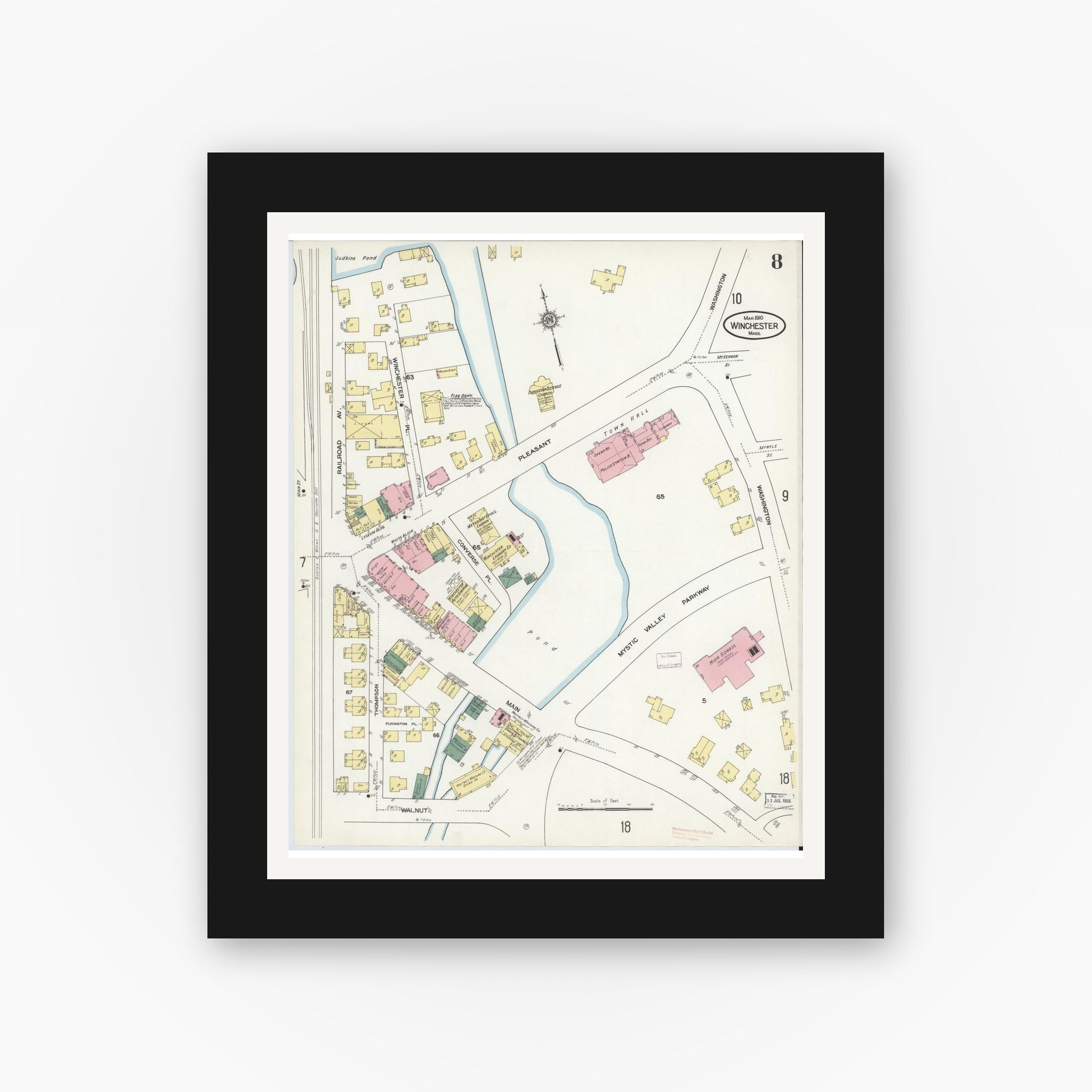 Old map wall art mockup — black gallery frame with white mat — Sanborn Fire Insurance Map from Winchester, Middlesex County, Massachusetts (1910), Sheet #0008
