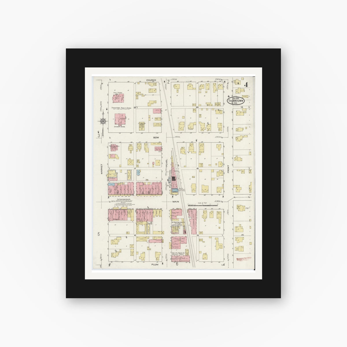 Old map wall art mockup — black gallery frame with white mat — Sanborn Fire Insurance Map from Thorntown, Boone County, Indiana (1915), Sheet #0004