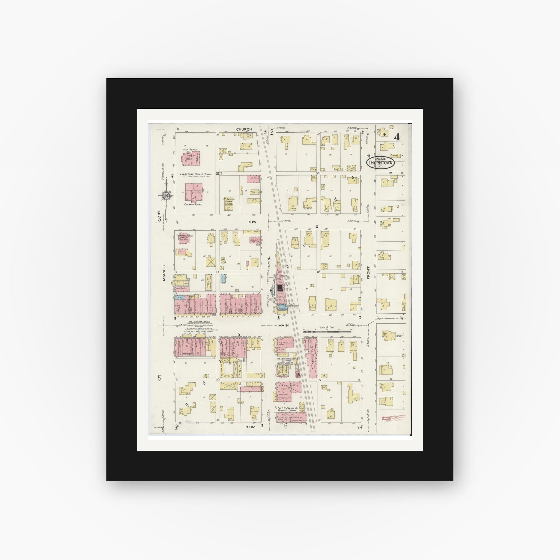 Old map wall art mockup — black gallery frame with white mat — Sanborn Fire Insurance Map from Thorntown, Boone County, Indiana (1915), Sheet #0004