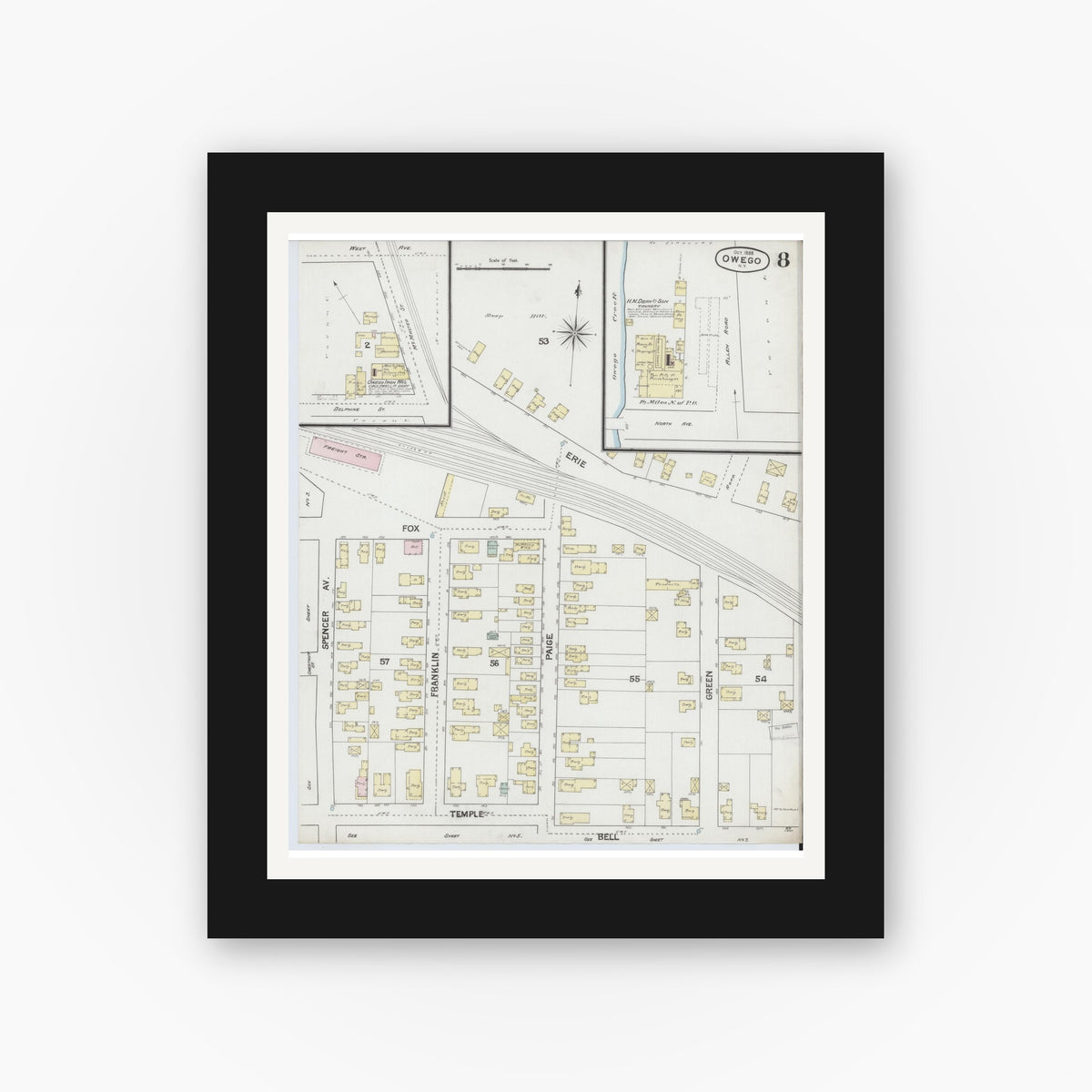Old map wall art mockup — black gallery frame with white mat — Sanborn Fire Insurance Map from Owego, Tioga County, New York (1888), Sheet #0008