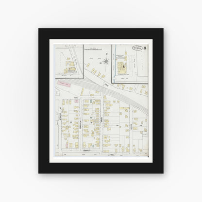 Old map wall art mockup — black gallery frame with white mat — Sanborn Fire Insurance Map from Owego, Tioga County, New York (1888), Sheet #0008