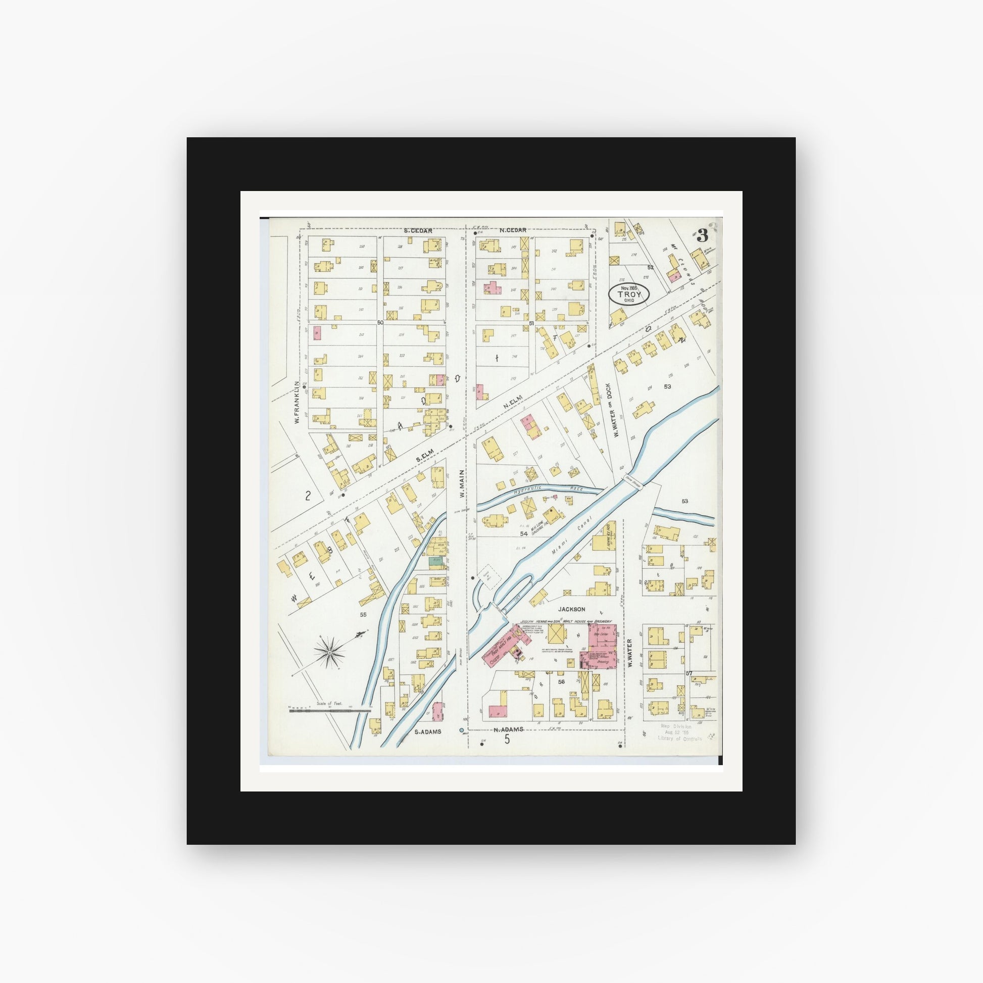 Old map wall art mockup — black gallery frame with white mat — Sanborn Fire Insurance Map from Troy, Miami County, Ohio (1905), Sheet #0003