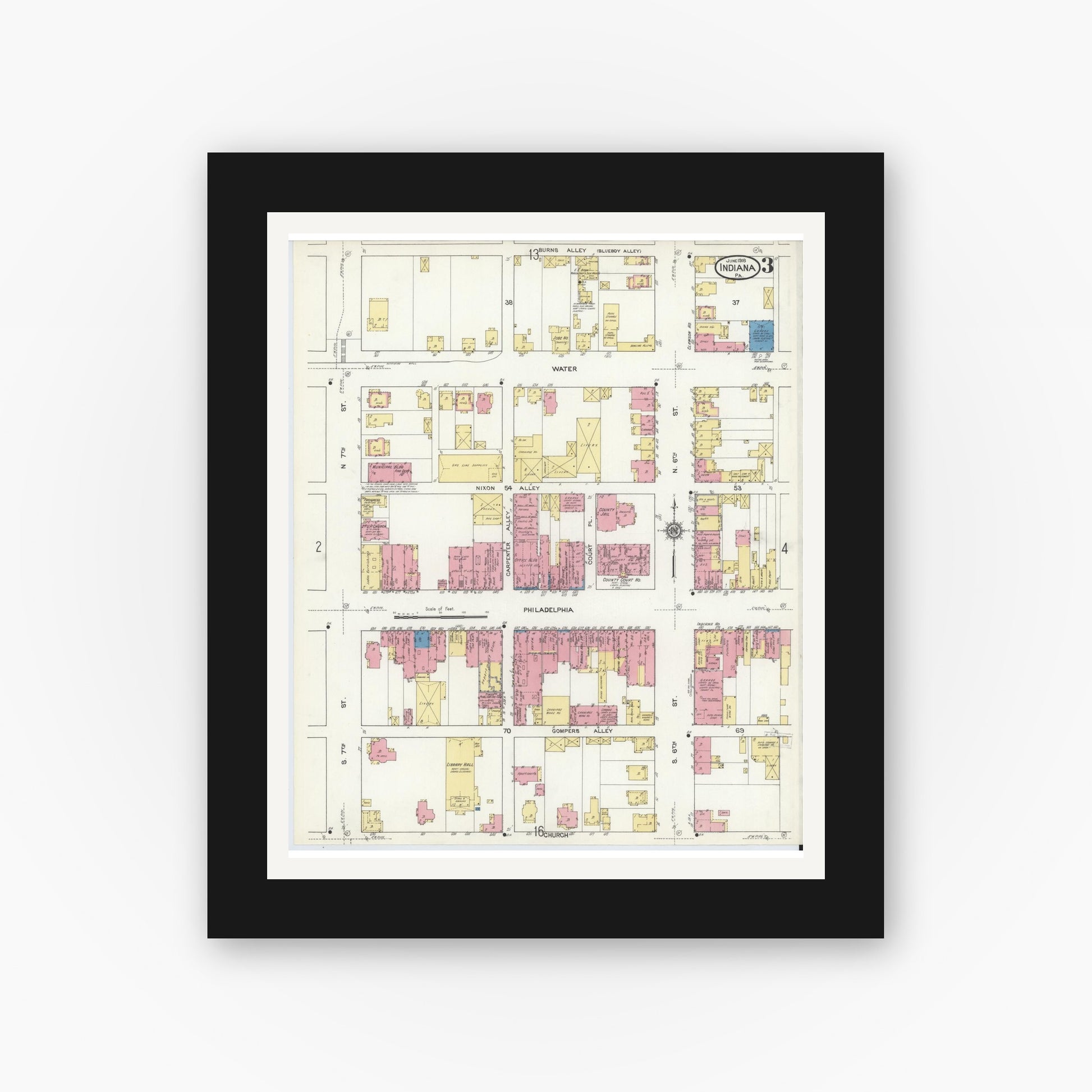 Old map wall art mockup — black gallery frame with white mat — Sanborn Fire Insurance Map from Indiana, Indiana County, Pennsylvania (1916), Sheet #0003