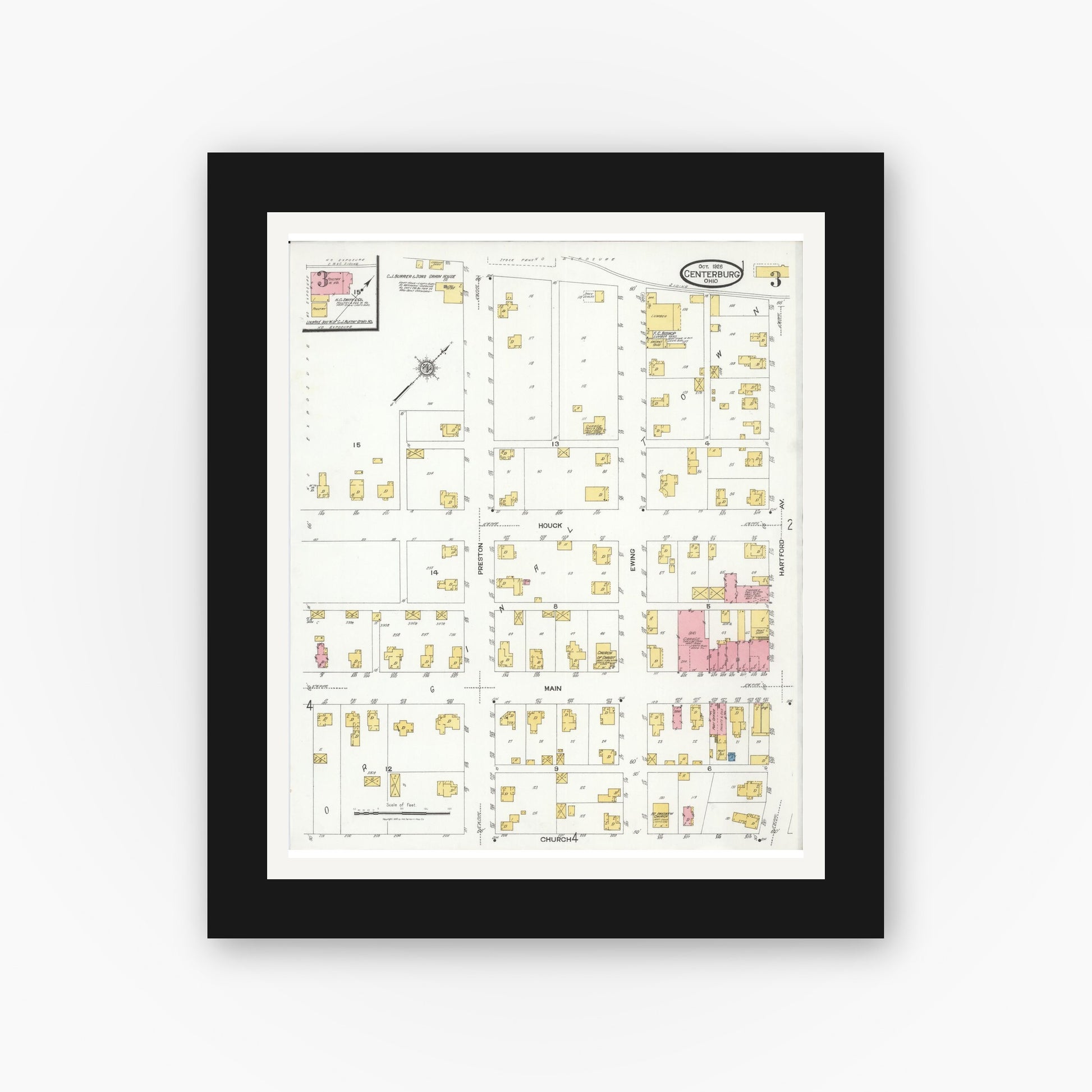 Old map wall art mockup — black gallery frame with white mat — Sanborn Fire Insurance Map from Centerburg, Knox County, Ohio (1926), Sheet #0003