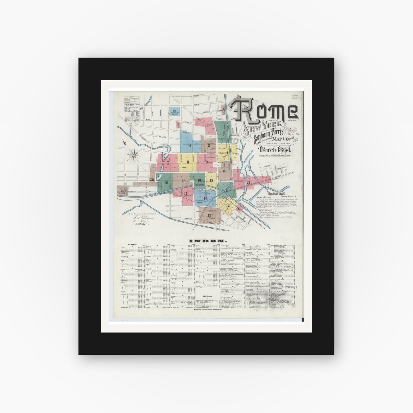Old map wall art mockup — black gallery frame with white mat — Sanborn Fire Insurance Map from Rome, Oneida County, New York (1894), Sheet #0001