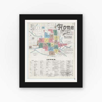 Old map wall art mockup — black gallery frame with white mat — Sanborn Fire Insurance Map from Rome, Oneida County, New York (1894), Sheet #0001