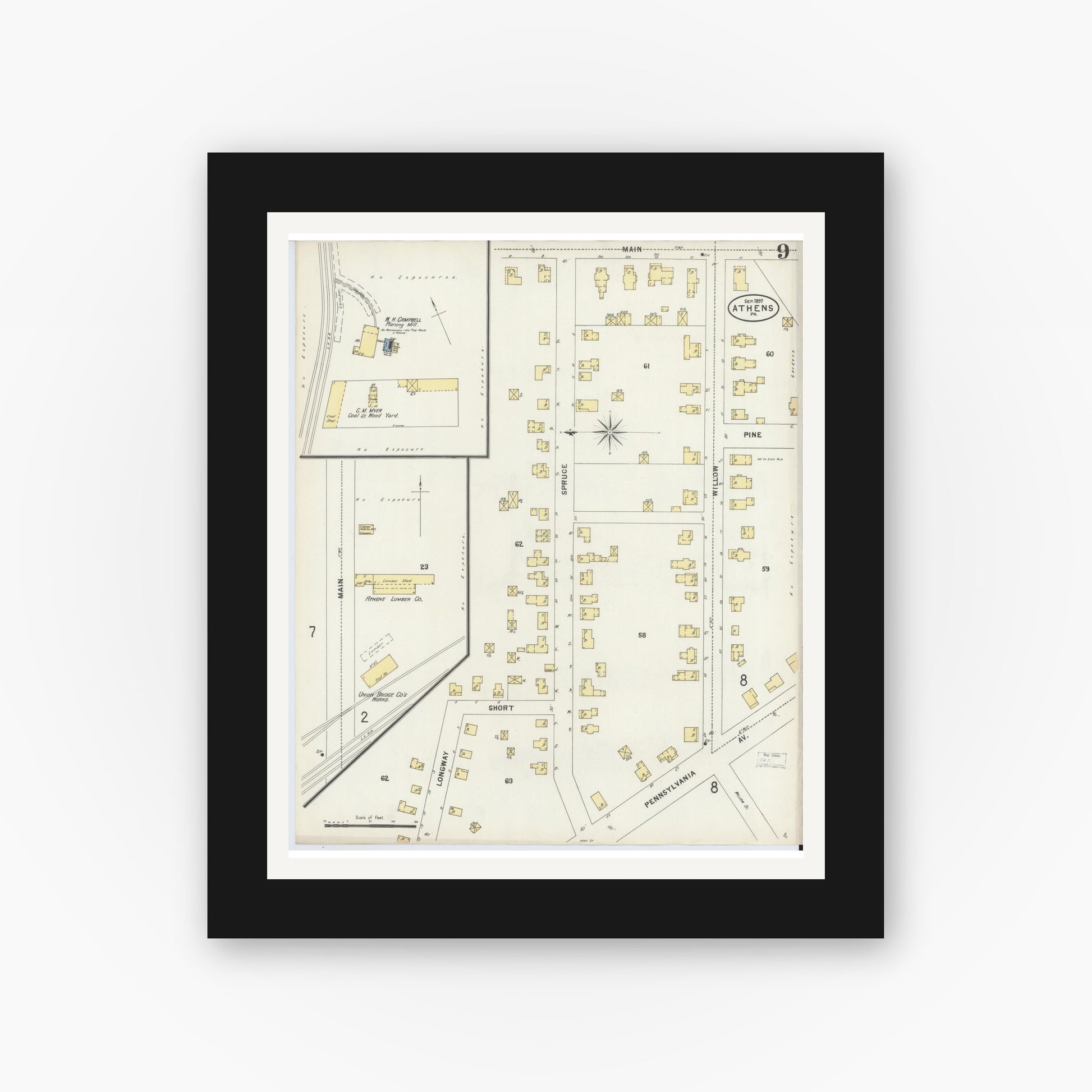 Old map wall art mockup — black gallery frame with white mat — Sanborn Fire Insurance Map from Athens, Bradford County, Pennsylvania (1897), Sheet #0009