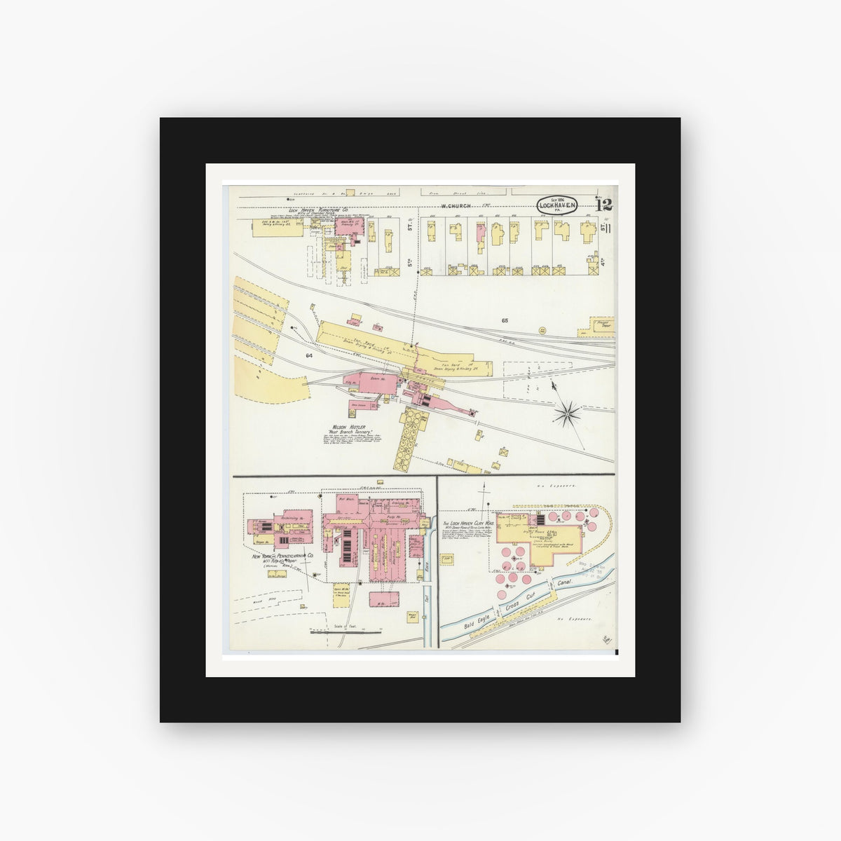 Old map wall art mockup — black gallery frame with white mat — Sanborn Fire Insurance Map from Lock Haven, Clinton County, Pennsylvania (1896), Sheet #0012