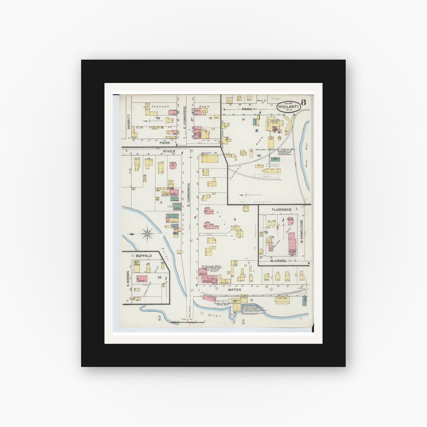 Old map wall art mockup — black gallery frame with white mat — Sanborn Fire Insurance Map from Ypsilanti, Washtenaw County, Michigan (1893), Sheet #0008