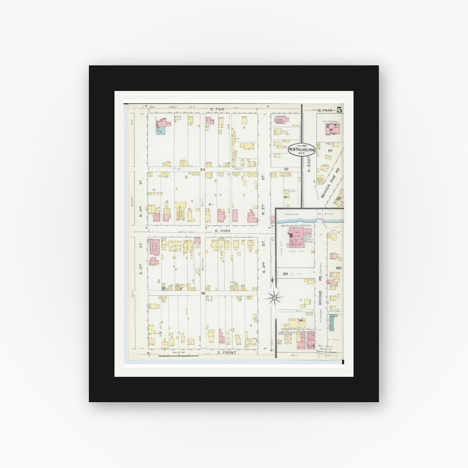 Old map wall art mockup — black gallery frame with white mat — Sanborn Fire Insurance Map from New Philadelphia, Tuscarawas County, Ohio (1892), Sheet #0005