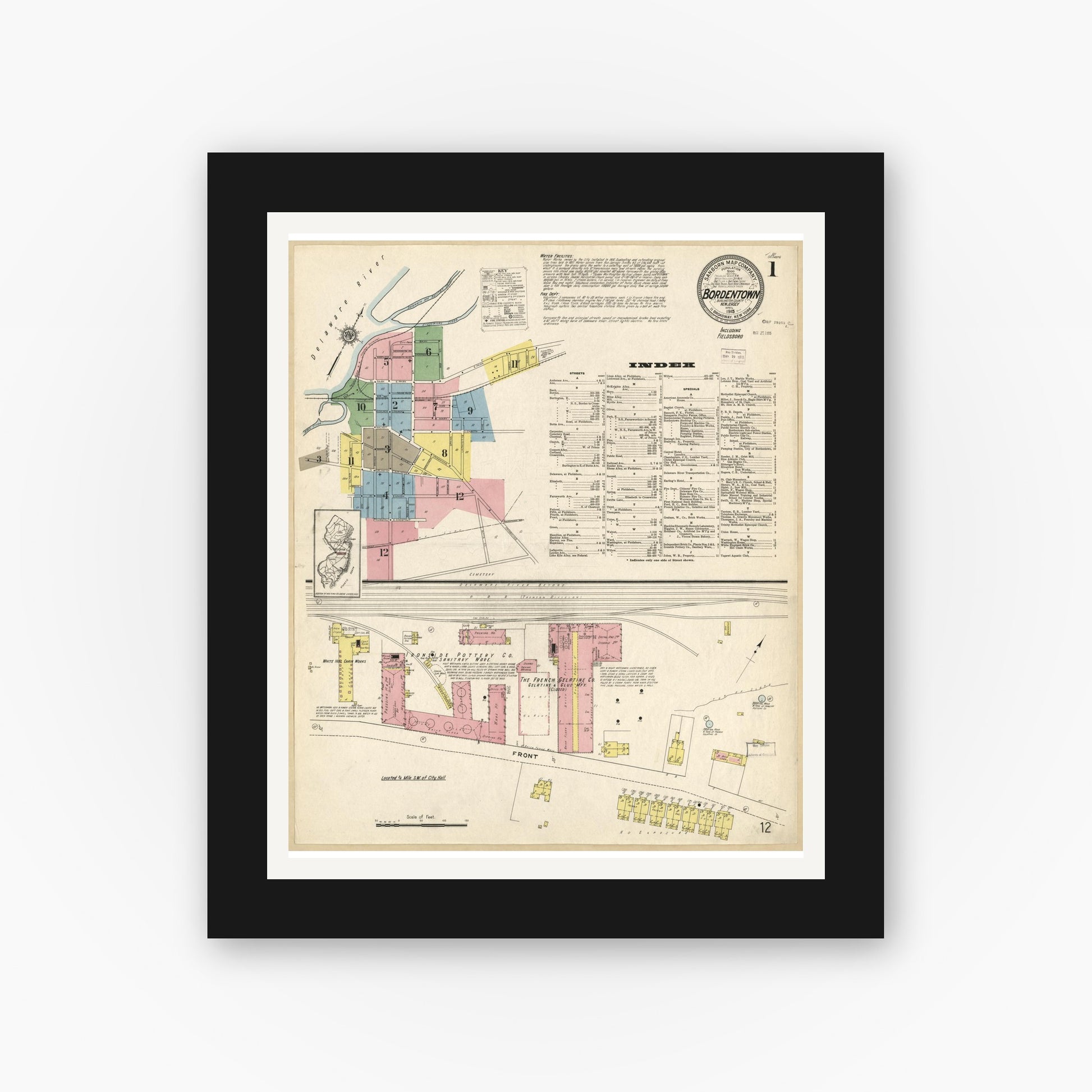 Old map wall art mockup — black gallery frame with white mat — Sanborn Fire Insurance Map from Bordentown, Burlington County, New Jersey (1915), Sheet #0001