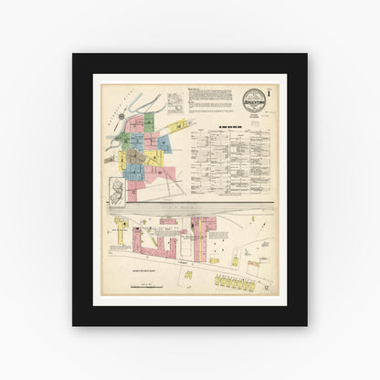 Old map wall art mockup — black gallery frame with white mat — Sanborn Fire Insurance Map from Bordentown, Burlington County, New Jersey (1915), Sheet #0001