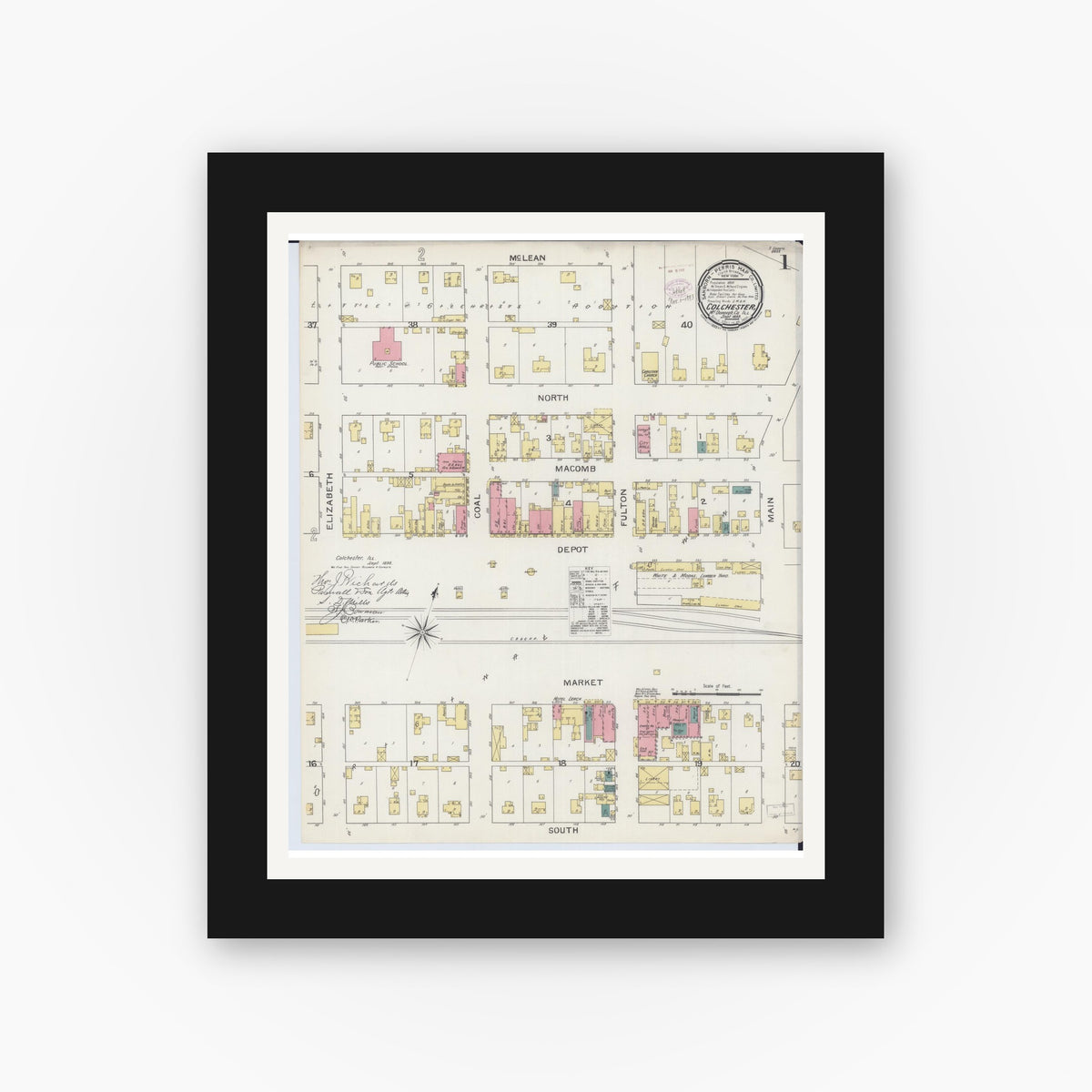 Old map wall art mockup — black gallery frame with white mat — Sanborn Fire Insurance Map from Colchester, Mcdonough County, Illinois (1893), Sheet #0001