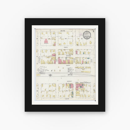 Old map wall art mockup — black gallery frame with white mat — Sanborn Fire Insurance Map from Colchester, Mcdonough County, Illinois (1893), Sheet #0001