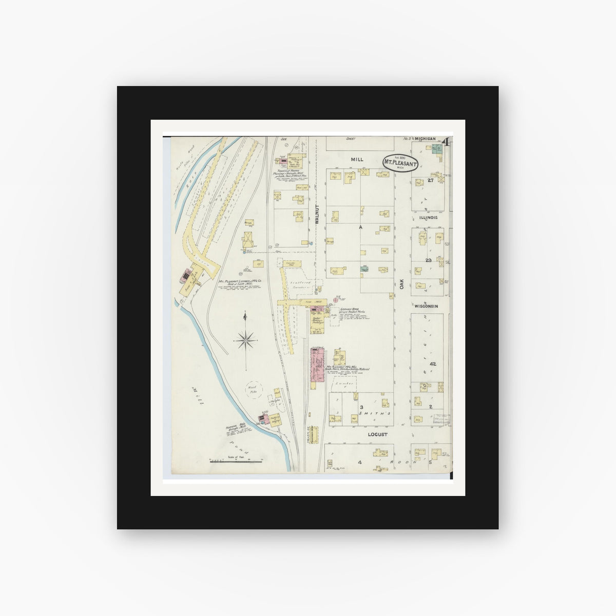 Old map wall art mockup — black gallery frame with white mat — Sanborn Fire Insurance Map from Mount Pleasant, Isabella County, Michigan (1890), Sheet #0004