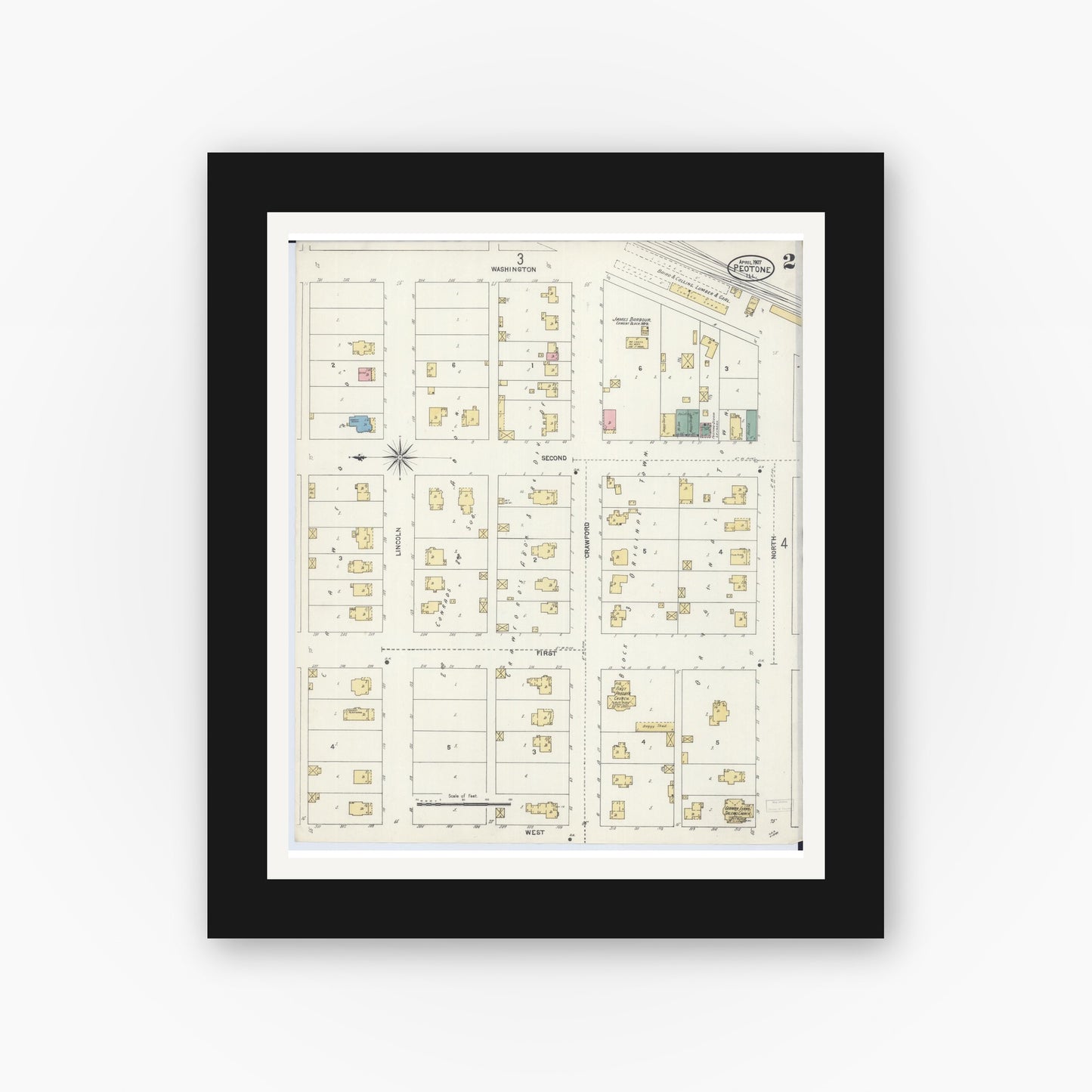 Old map wall art mockup — black gallery frame with white mat — Sanborn Fire Insurance Map from Peotone, Will County, Illinois (1907), Sheet #0002