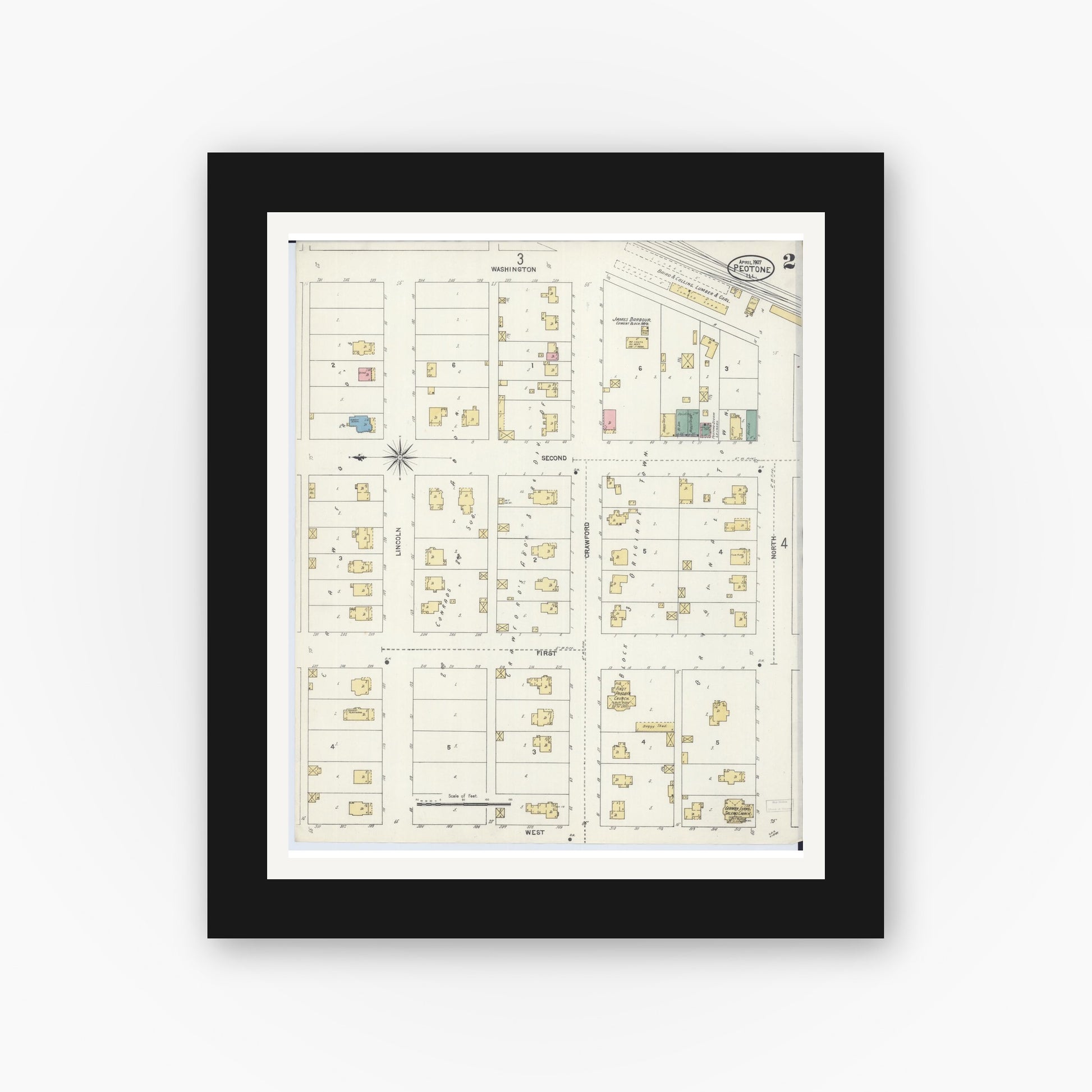 Old map wall art mockup — black gallery frame with white mat — Sanborn Fire Insurance Map from Peotone, Will County, Illinois (1907), Sheet #0002