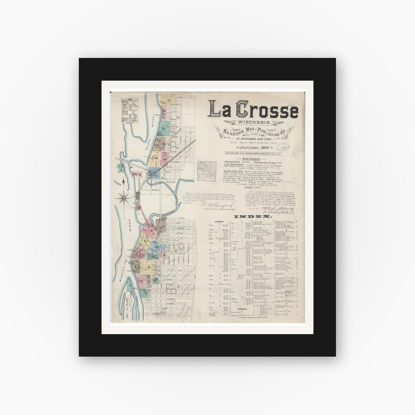 Old map wall art mockup — black gallery frame with white mat — Sanborn Fire Insurance Map from La Crosse, La Crosse County, Wisconsin (1884) - Complete Map Set