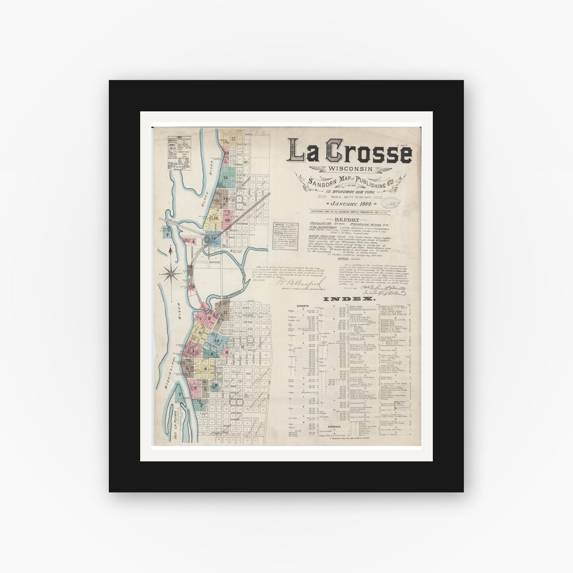 Old map wall art mockup — black gallery frame with white mat — Sanborn Fire Insurance Map from La Crosse, La Crosse County, Wisconsin (1884) - Complete Map Set