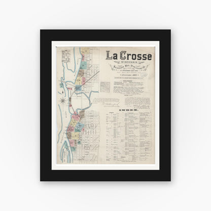Old map wall art mockup — black gallery frame with white mat — Sanborn Fire Insurance Map from La Crosse, La Crosse County, Wisconsin (1884) - Complete Map Set