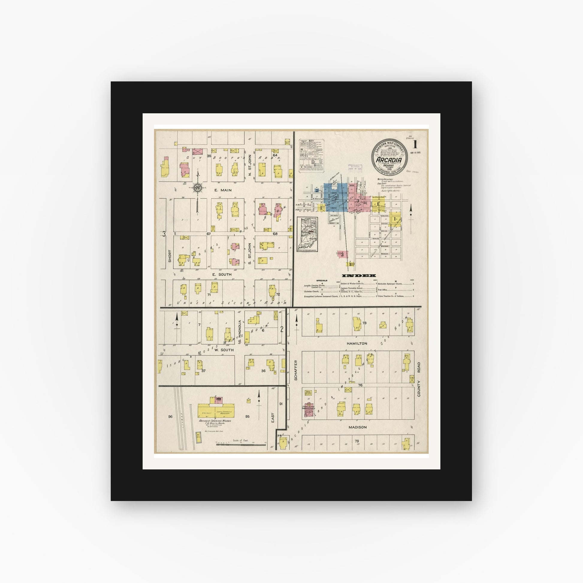 Old map wall art mockup — black gallery frame with white mat — Sanborn Fire Insurance Map from Arcadia, Hamilton County, Indiana (1915), Sheet #0001