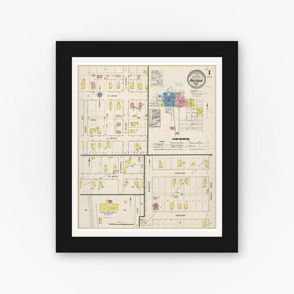 Old map wall art mockup — black gallery frame with white mat — Sanborn Fire Insurance Map from Arcadia, Hamilton County, Indiana (1915), Sheet #0001