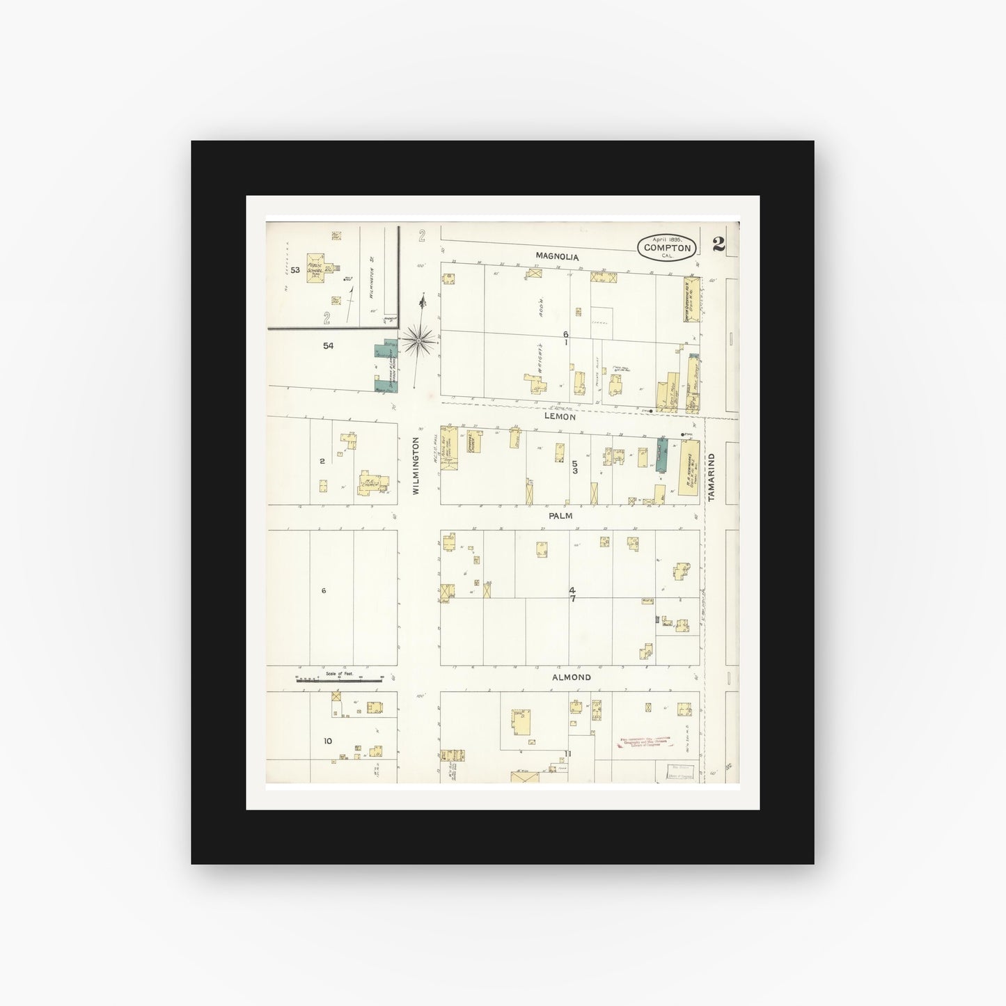 Old map wall art mockup — black gallery frame with white mat — Sanborn Fire Insurance Map from Compton, Los Angeles County, California (1895), Sheet #0002