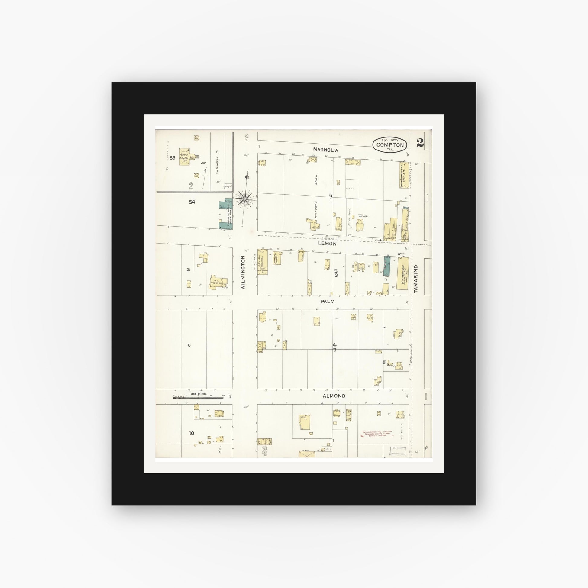 Old map wall art mockup — black gallery frame with white mat — Sanborn Fire Insurance Map from Compton, Los Angeles County, California (1895), Sheet #0002