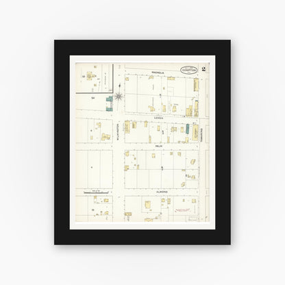 Old map wall art mockup — black gallery frame with white mat — Sanborn Fire Insurance Map from Compton, Los Angeles County, California (1895), Sheet #0002