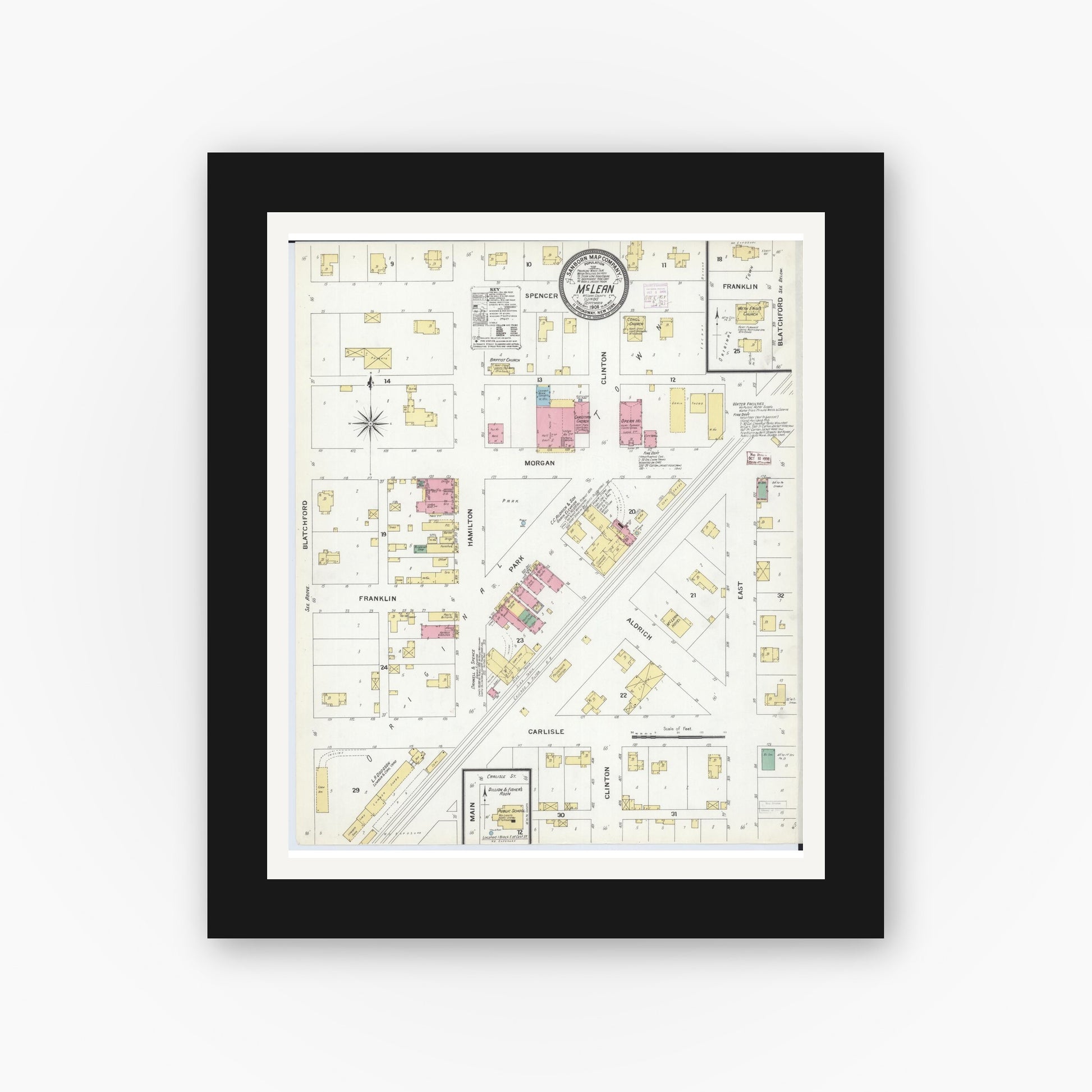 Old map wall art mockup — black gallery frame with white mat — Sanborn Fire Insurance Map from Mclean, McLean County, Illinois (1908), Sheet #0001