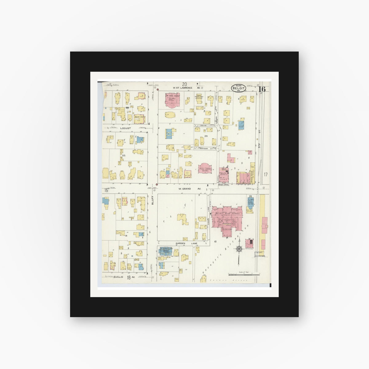 Old map wall art mockup — black gallery frame with white mat — Sanborn Fire Insurance Map from Beloit, Rock County, Wisconsin (1915), Sheet #0016