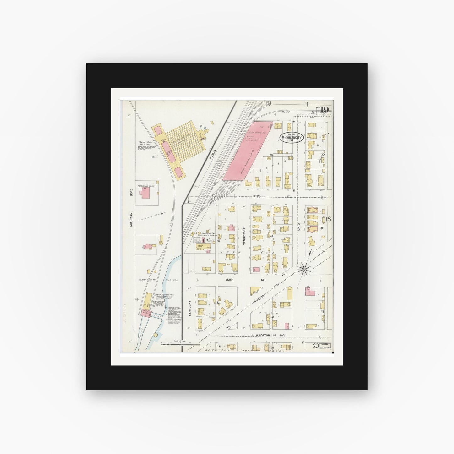 Old map wall art mockup — black gallery frame with white mat — Sanborn Fire Insurance Map from Michigan City, La Porte County, Indiana (1899), Sheet #0019
