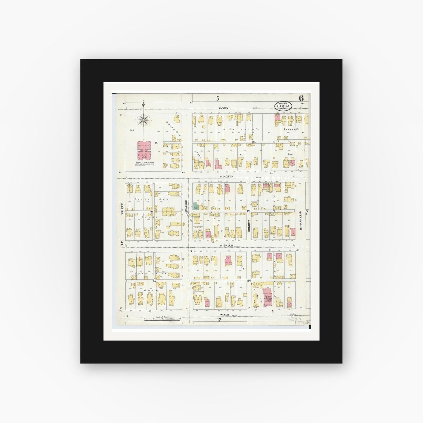 Old map wall art mockup — black gallery frame with white mat — Sanborn Fire Insurance Map from Piqua, Miami County, Ohio (1905), Sheet #0006