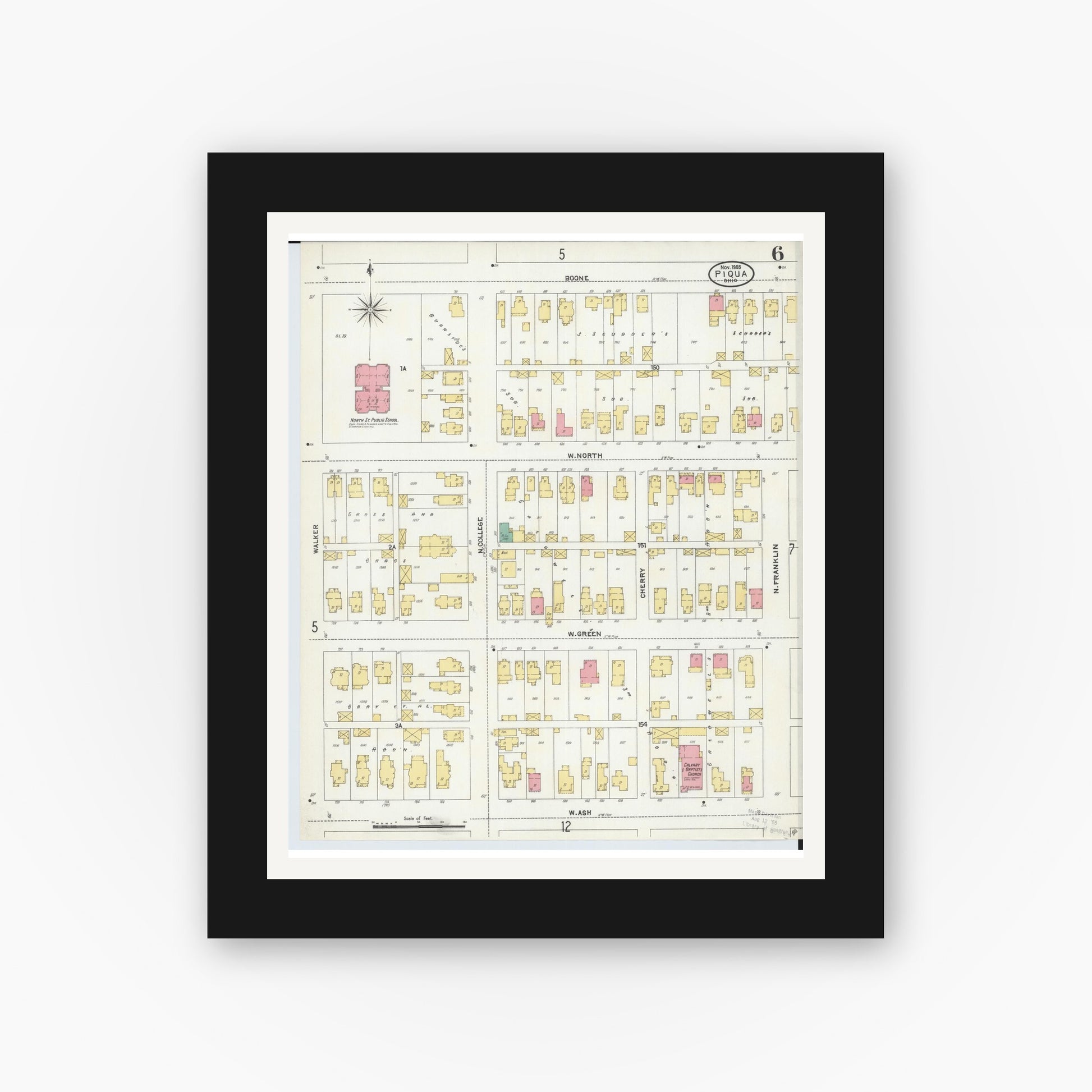 Old map wall art mockup — black gallery frame with white mat — Sanborn Fire Insurance Map from Piqua, Miami County, Ohio (1905), Sheet #0006