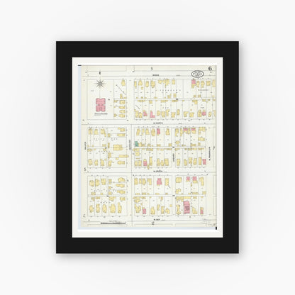 Old map wall art mockup — black gallery frame with white mat — Sanborn Fire Insurance Map from Piqua, Miami County, Ohio (1905), Sheet #0006