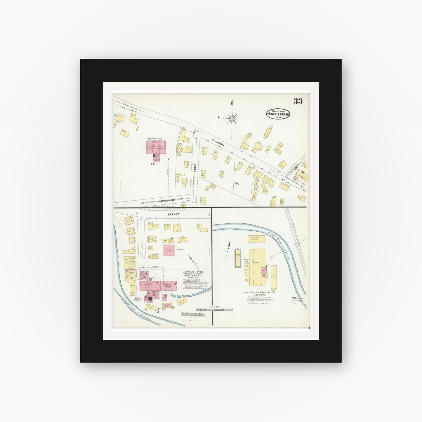 Old map wall art mockup — black gallery frame with white mat — Sanborn Fire Insurance Map from North Adams, Berkshire County, Massachusetts (1908), Sheet #0033
