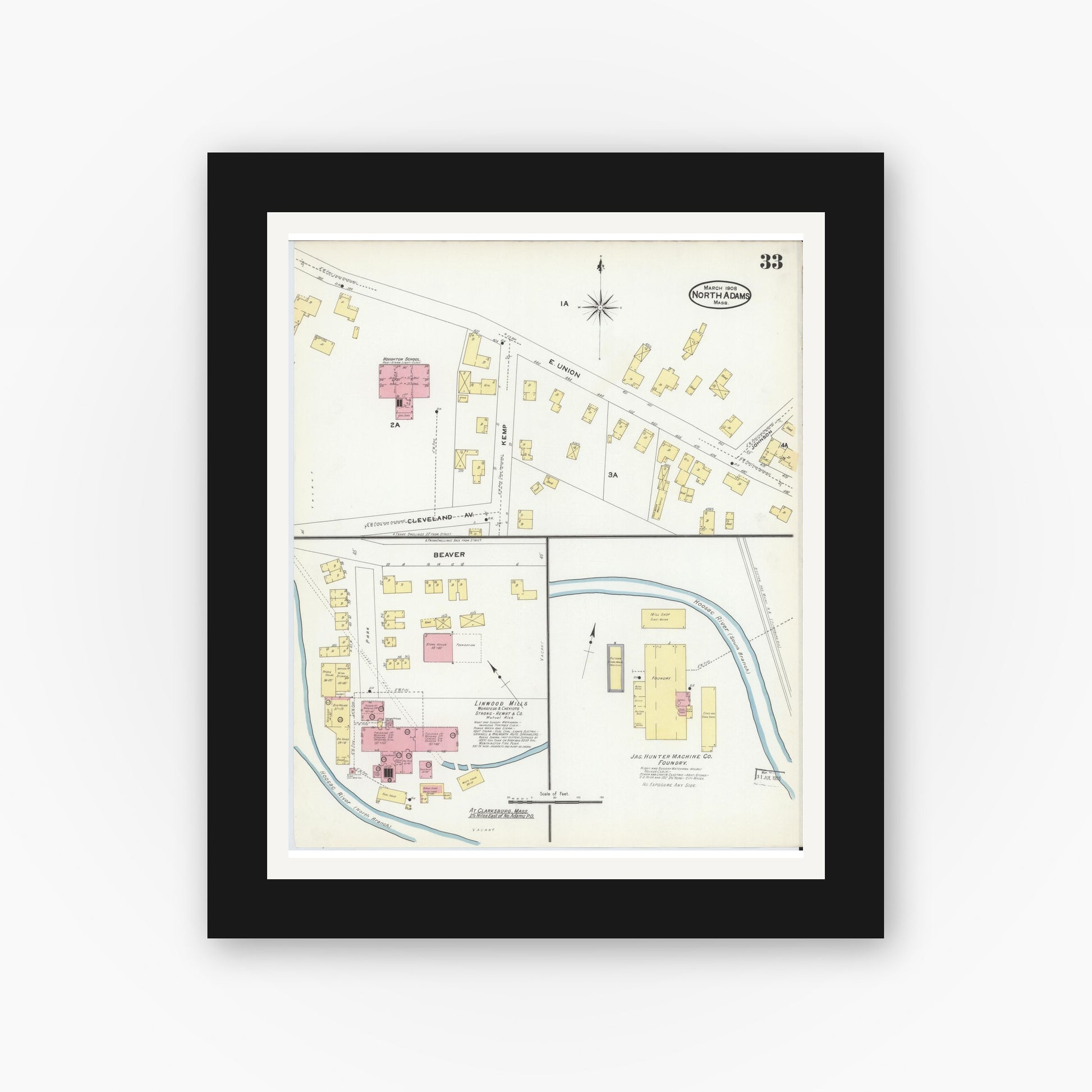 Old map wall art mockup — black gallery frame with white mat — Sanborn Fire Insurance Map from North Adams, Berkshire County, Massachusetts (1908), Sheet #0033