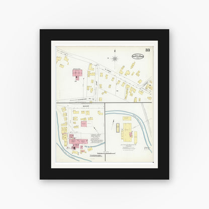 Old map wall art mockup — black gallery frame with white mat — Sanborn Fire Insurance Map from North Adams, Berkshire County, Massachusetts (1908), Sheet #0033