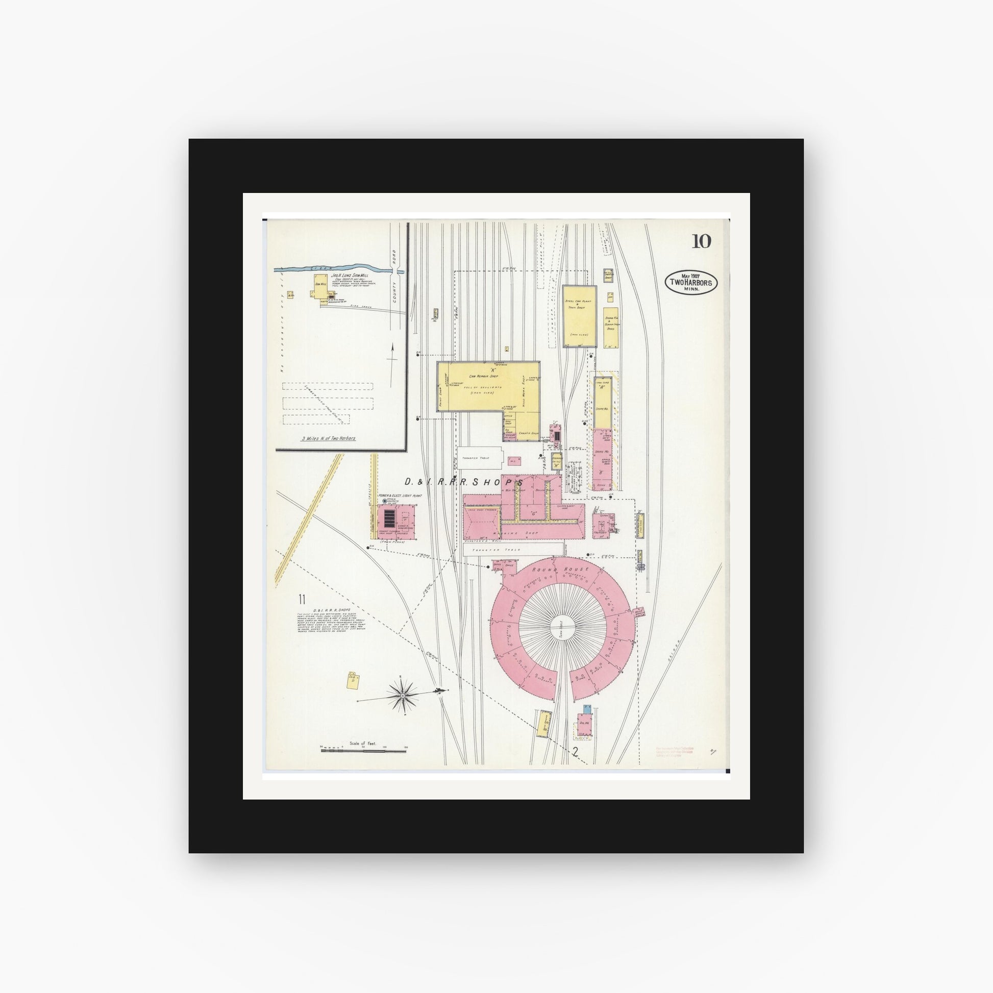 Old map wall art mockup — black gallery frame with white mat — Sanborn Fire Insurance Map from Two Harbors, Lake County, Minnesota (1907), Sheet #0010
