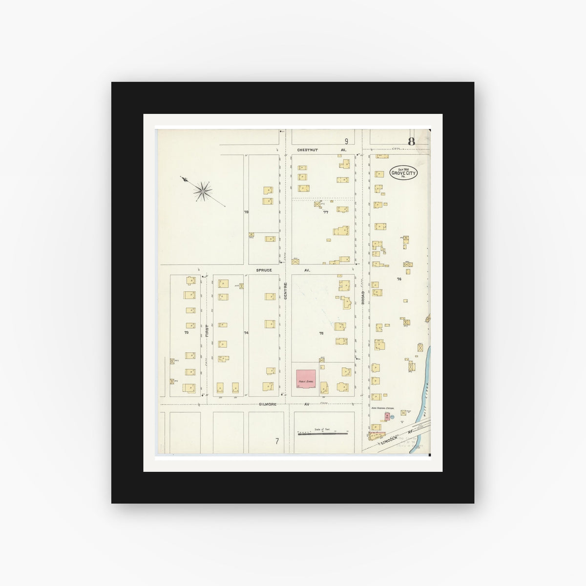 Old map wall art mockup — black gallery frame with white mat — Sanborn Fire Insurance Map from Grove City, Mercer County, Pennsylvania (1906), Sheet #0008