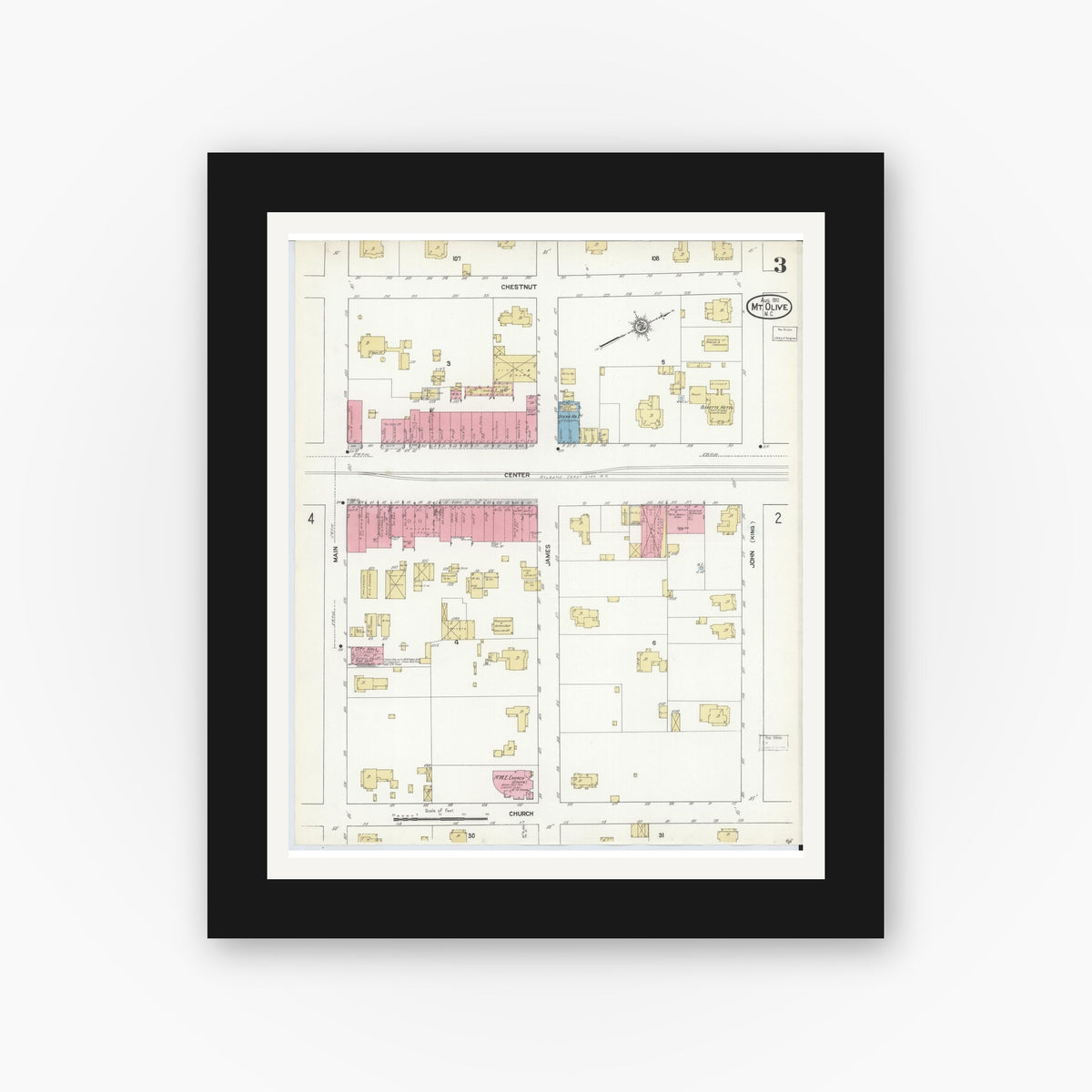 Old map wall art mockup — black gallery frame with white mat — Sanborn Fire Insurance Map from Mount Olive, Wayne County, North Carolina (1912), Sheet #0003