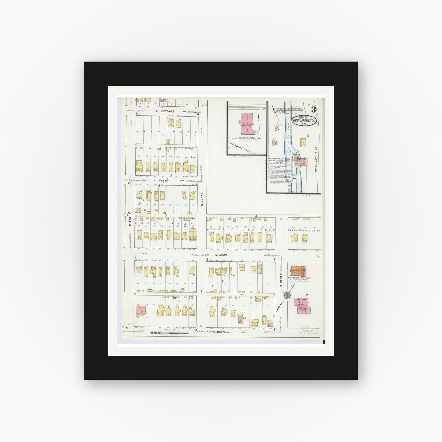 Old map wall art mockup — black gallery frame with white mat — Sanborn Fire Insurance Map from West Carrollton, Montgomery County, Ohio (1918), Sheet #0003
